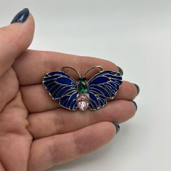 Small Dainty Blue Butterfly Brooch with Green & Pink Rhinestones Whimsical - Picture 7 of 11